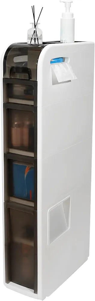 Slim Bathroom Storage Cabinet, Waterproof Narrow Bathroom Floor Cabinet, with Trash Can and Movable Bathroom Storage Cabinet, Suitable for Bathrooms, Kitchens, and Living Rooms (16.5"D x 7"W x 39"H)