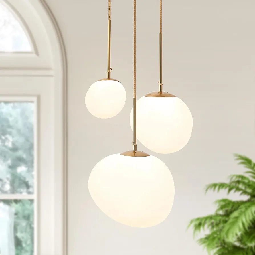 3 Lights Glass Pendant Light for Kitchen Island Modern Glass Globe Cluster Pendant Lighting with Frosted White Glass Chandelier Ceiling Light Fixture for Dining Living Room Bedroom