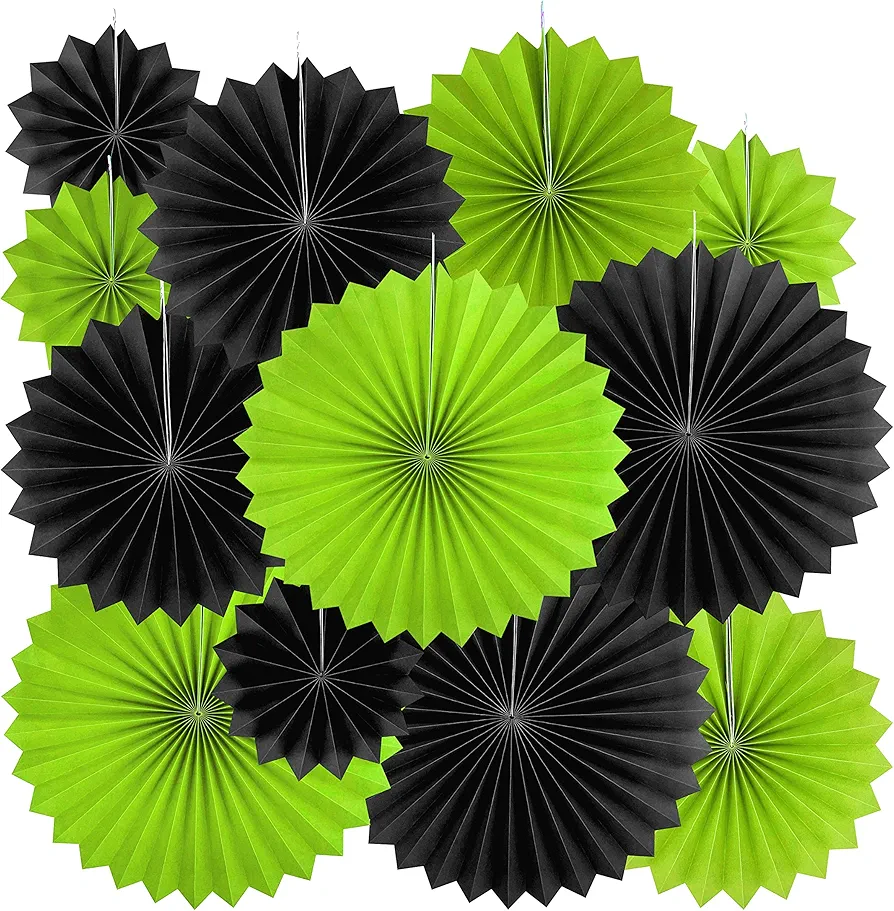 Black Green Party Hanging Paper Fans Decorations - Tropical Jungle Animal Birthday Party Ceiling Hangings Graduation Bachelorette Party Photo Booth Backdrops Decorations, 12pc