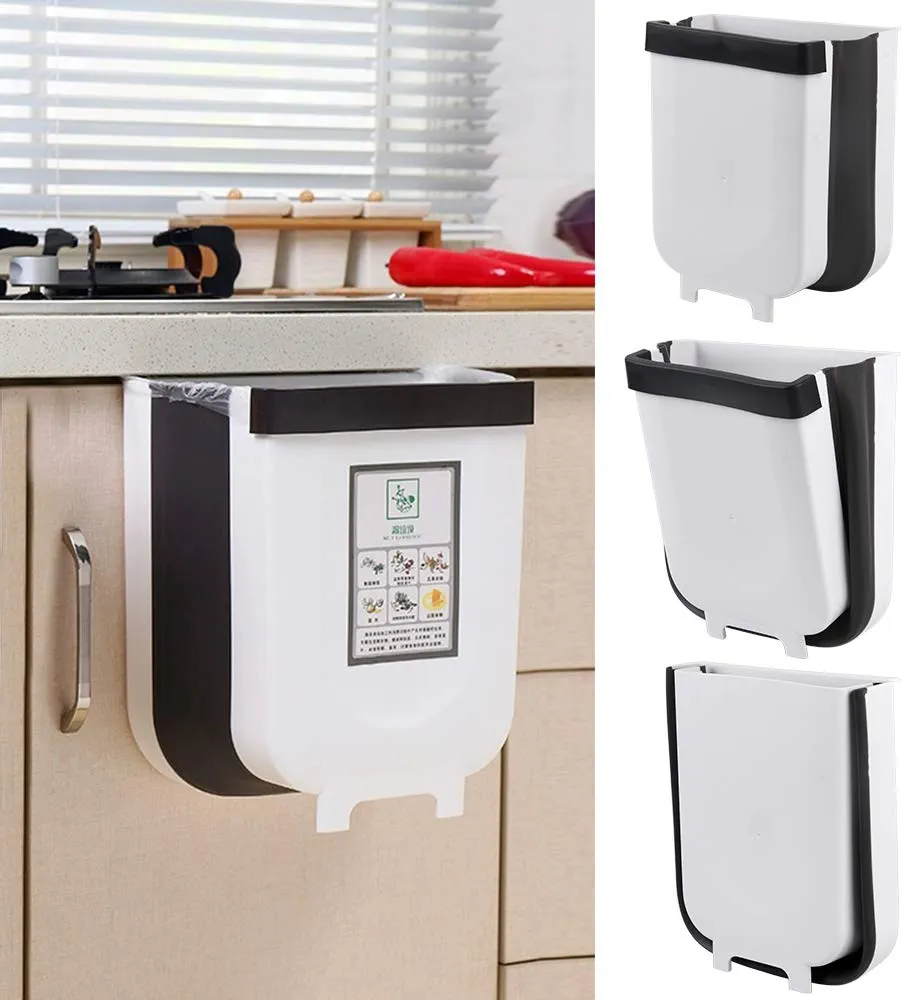 Hanging Trash Can,Silicone Folding Waste Bins Kitchen Foldable Trash Can Collapsible Small Garbage Can Compact Portable Waste Bin for Home Kitchen Room Cabinet Door Drawer - 6L