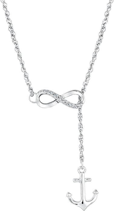 Women's & Ladies 925 Sterling Silver Anchor & Infinity Symbol Pendant Necklace, Diamond Infinity Symbol W/Sterling Silver Boat Anchor Symbol Pendant Necklace, 1/20 ctw (Carat Total Weight) Diamond