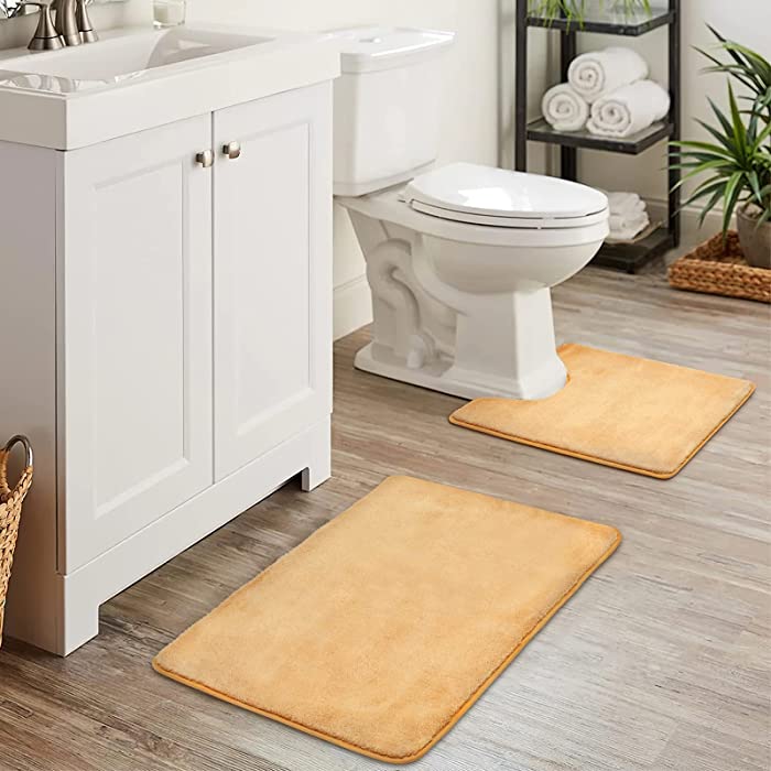 ALPIRIRAL Bathroom Rugs Sets 2 Piece, Toilet Rug U Shaped+Bath Mat, Absorbent Bath Mats for Bathroom Non Slip, Washable Quick Dry Bathroom Shower Rug Mats, Farmhouse Microfiber Plush(Beige, 20x31)