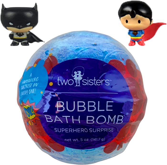 Superhero Bubble Bath Bomb for Kids with Surprise Toy Inside by Two Sisters Spa. Large 99% Natural Fizzy. Moisturizes Dry Sensitive Skin. Releases Color, Scent, and Bubbles.