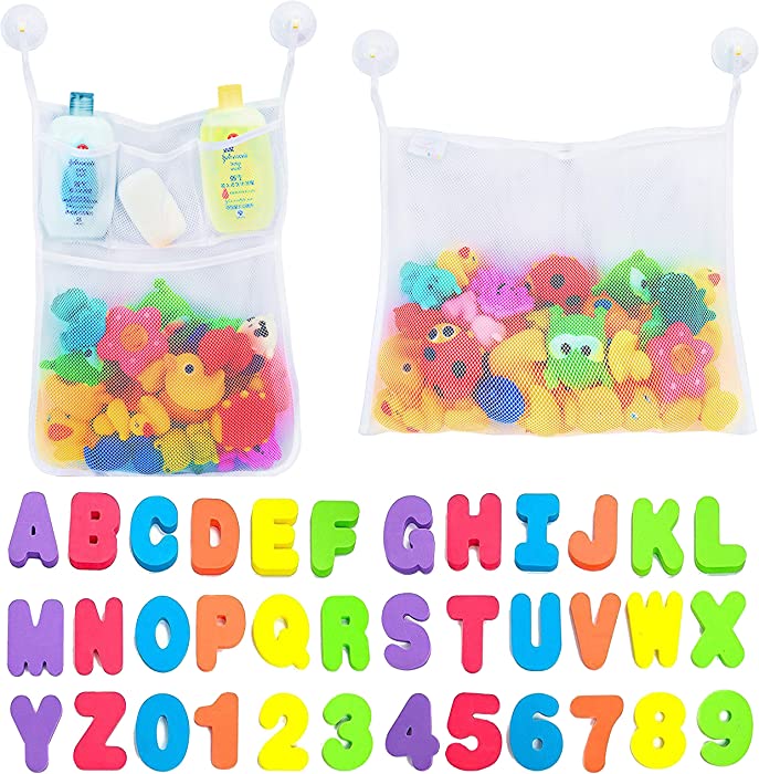 Comfylife 2 x Mesh Bath Toy Organizer + 6 Ultra Strong Hooks + 36 Bath Letters & Numbers – Eco-Safe, Fun, Educational Foam Baby Bath Letters and Perfect Toy Storage Net for Baby Bath Toys & More