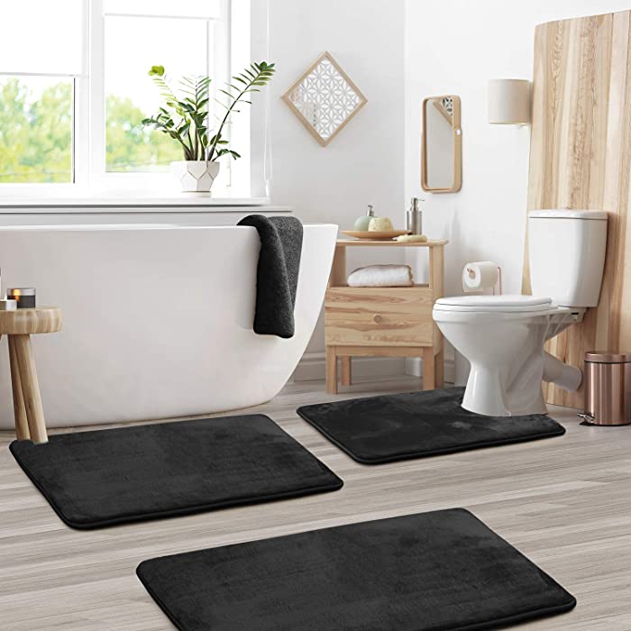 Clara Clark Bathroom Rugs – Memory Foam Bath Mat Set for Bathroom, Non Slip Absorbent Velvet - Fast Drying Bath Mats – Bathroom Rug and Contour Rug Set 3 Piece - 20 x 32 - 17 x 24 - 19 x 24, Black