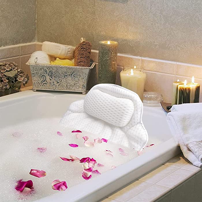 Bath Pillows for Tub Soaking Luxury Bathtub Pillow Headrest Accessories Stuff Women Adults Shower Head and Neck Back Support Relaxing Air Mesh with 6 Suction Cups