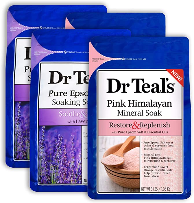 Dr Teal's Epsom Salt Bath Combo 4-Pack (12 lbs Total), Soothe & Sleep with Lavender, and Restore & Replenish with Pink Himalayan