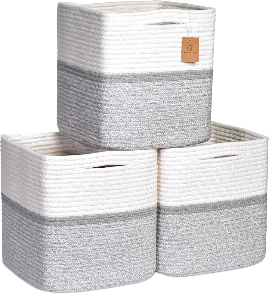 NaturalCozy Storage Cubes 11 Inch Cotton Rope Woven Baskets for Organizing, 3-Pack | Cube Storage Bin | Square Storage Baskets for Shelves Organizer, Classroom, Kids Toy Bins, Closet, Baby Nursery