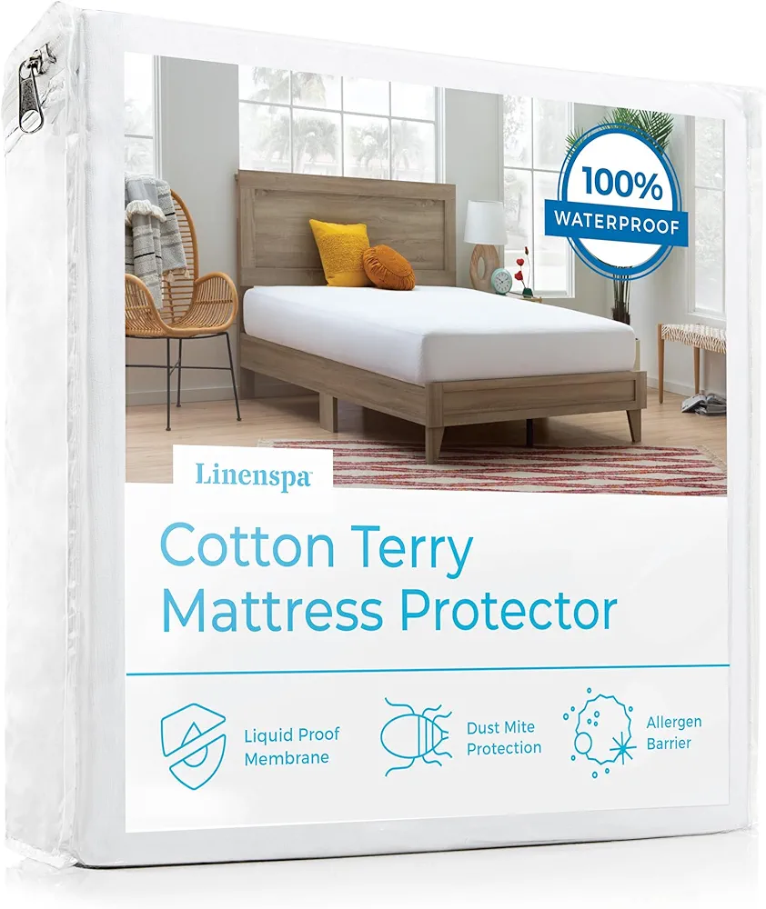 Linenspa Cotton Terry Waterproof Mattress Protector - Top Protection Mattress Cover - Dorm Room Essentials - Twin XL, White