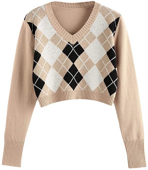 ZAFUL Women's Long Sleeve V-Neck Argyle Knitted Crop Sweater Pullover Tops