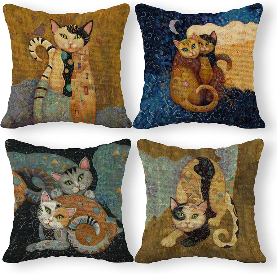 Abstract Cat Linen Throw Pillow Case, 18 x 18 Inch Set of 4, Gifts for Cat Lover, Funny Cat Pillow, Children Room Decoration, Cat Owners Gifts, Cat Theme Room Decor, Cushion Cover for Sofa Couch Bed