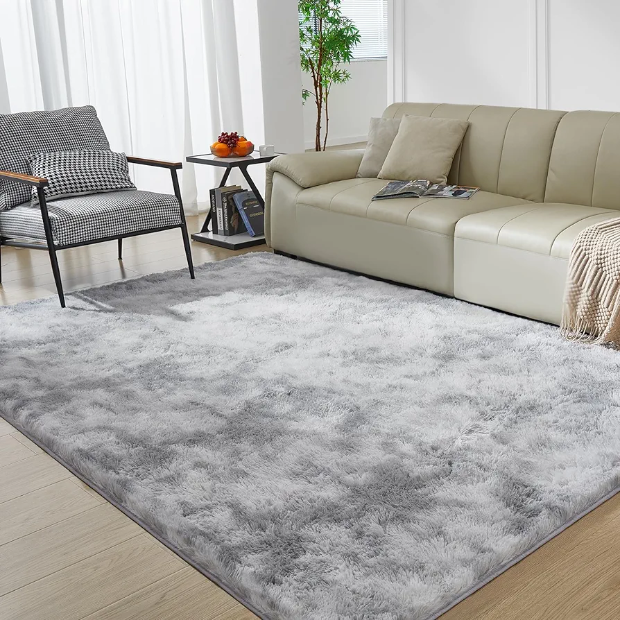 Super Soft Rugs for Living Room, 4X6 Fluffy Shag Area Rugs, High Pile Soft Carpet for Bedroom and Teens Living Room, Home Decor, Tie-Dyed Light Grey