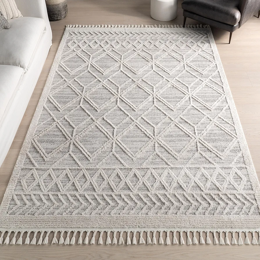 nuLOOM 2x3 Ansley Moroccan Tassel Area Rug, Light Grey, High-Low Textured Bohemian Design, Plush High Pile, Stain Resistant, For Bedroom, Living Room, Hallway, Entryway