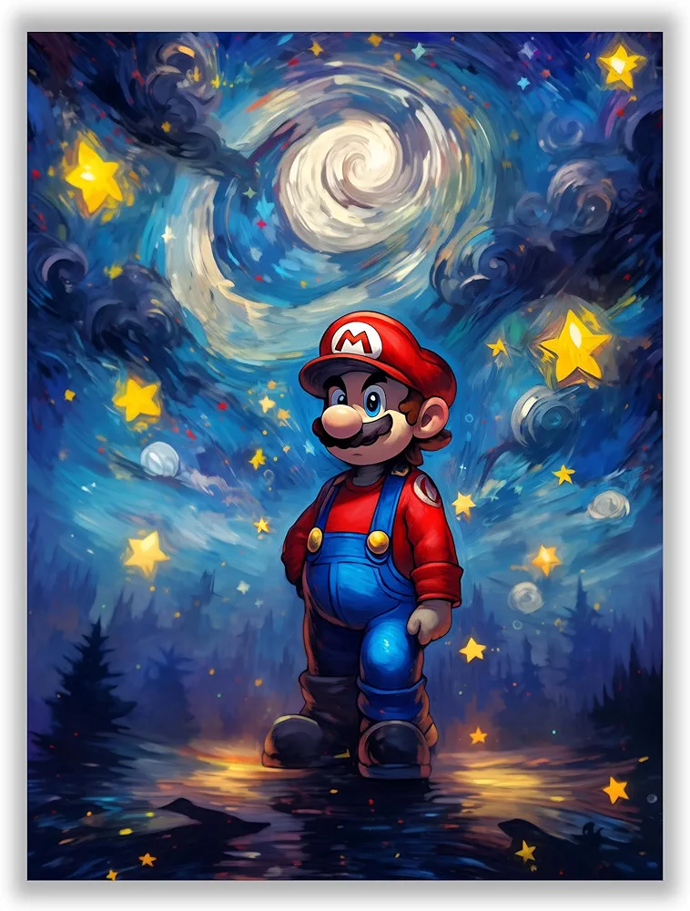 Akyzag Design, Mario Wall Art Poster – ( 12 x 16 inch ) Unframed - Van Gogh Starry Night Style Gaming Poster, Posters for Gamer Room, Boys Room Decor, Gamer Room Decor Wall Art, Mario Room Decor for