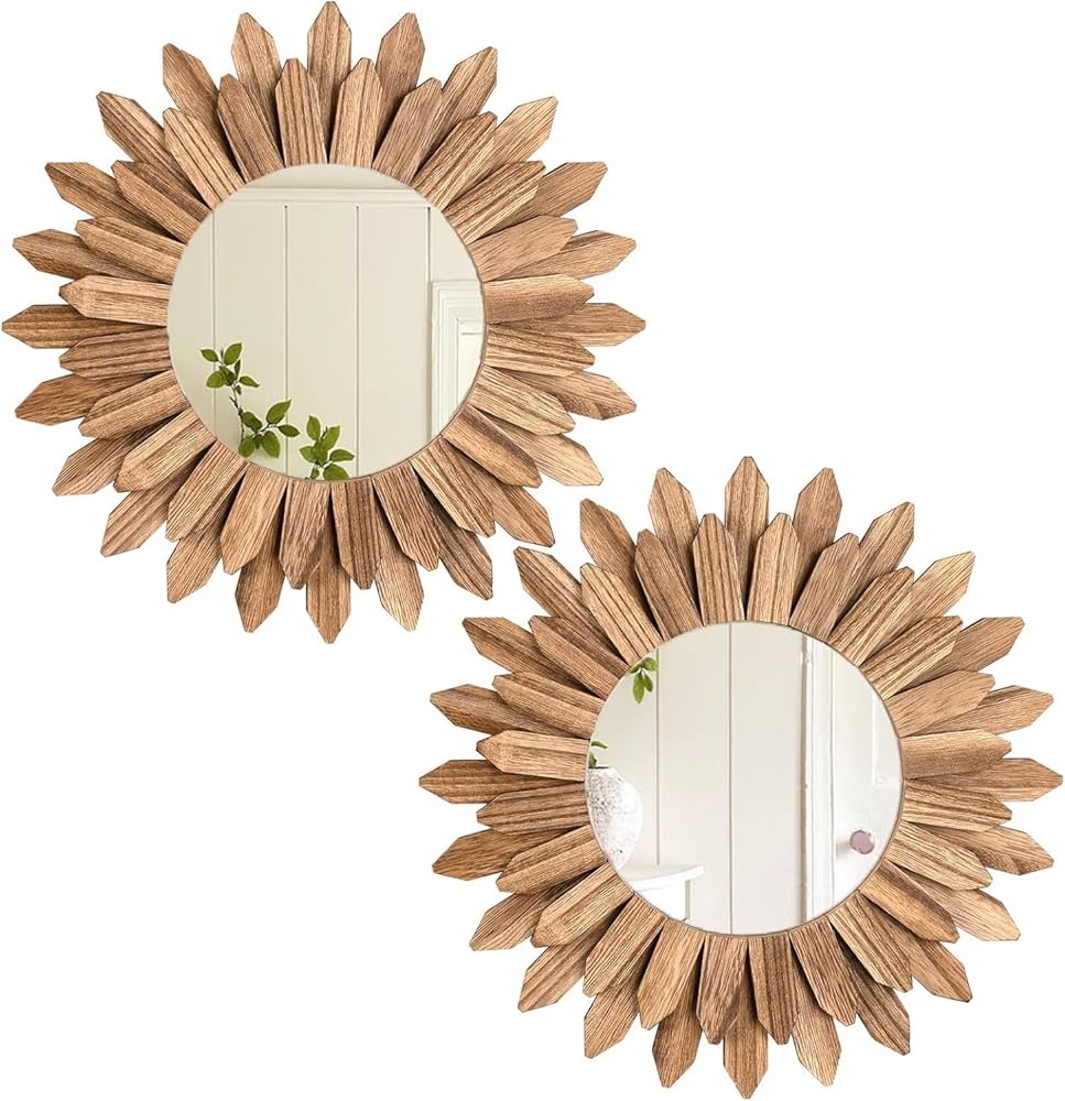 2 Pack Boho Wall Decor Sunburst Mirror 12 inch Rustic Round Wood Mirror Boho Mirror Home Wall Decor Farmhouse wall decor for Bedroom Living Room Entryway