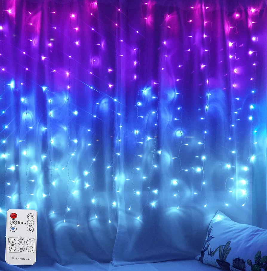 Curtain Lights Pink Purple Blue Ombre Fairy Lights with Remote Ombre Rainbow LED String Curtain lights for Girls Room Purple Twinkle fairy Lights Mermaid Unicorn Frozen decor teen girl room light