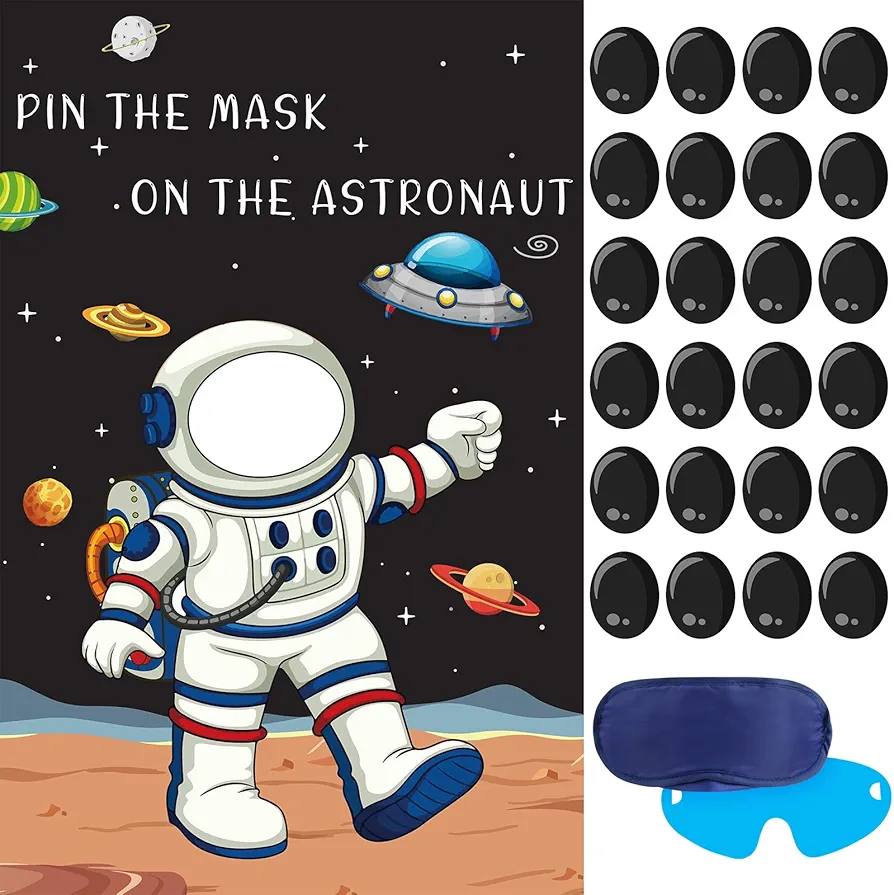 Hxezoc Pin The Mask On The Astronaut Game With 24 Pcs Mask Stickers, Large Astronaut Party Games Poster for Kids Solar System Outer Space Birthday Party School Classroom Carnival Party Supplies