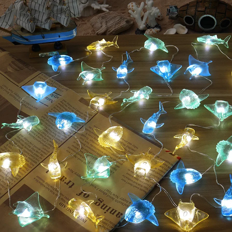 Ocean Themed Sea Life Fairy Decorative String Lights of Marine Life Cute Lights Whale Shark Sunfish Manta Ray 10ft 30 LEDs USB Operated with Remote Control for Bedroom Beach Party Decoration