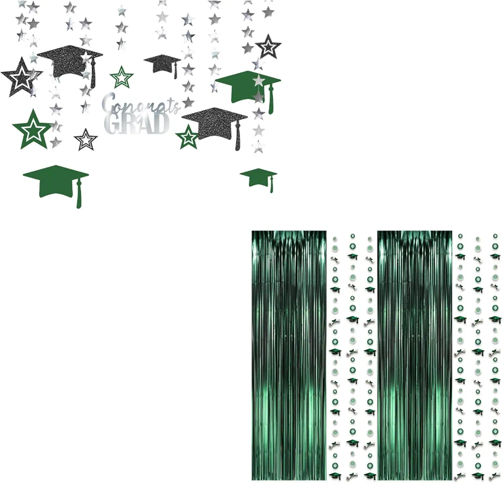 Cheerland Green and Black Graduation Hat Garlands with Silver Stars for Photo Booth Glitter Streamers Banner Backgrounds and Classroom Decoration and Supplies