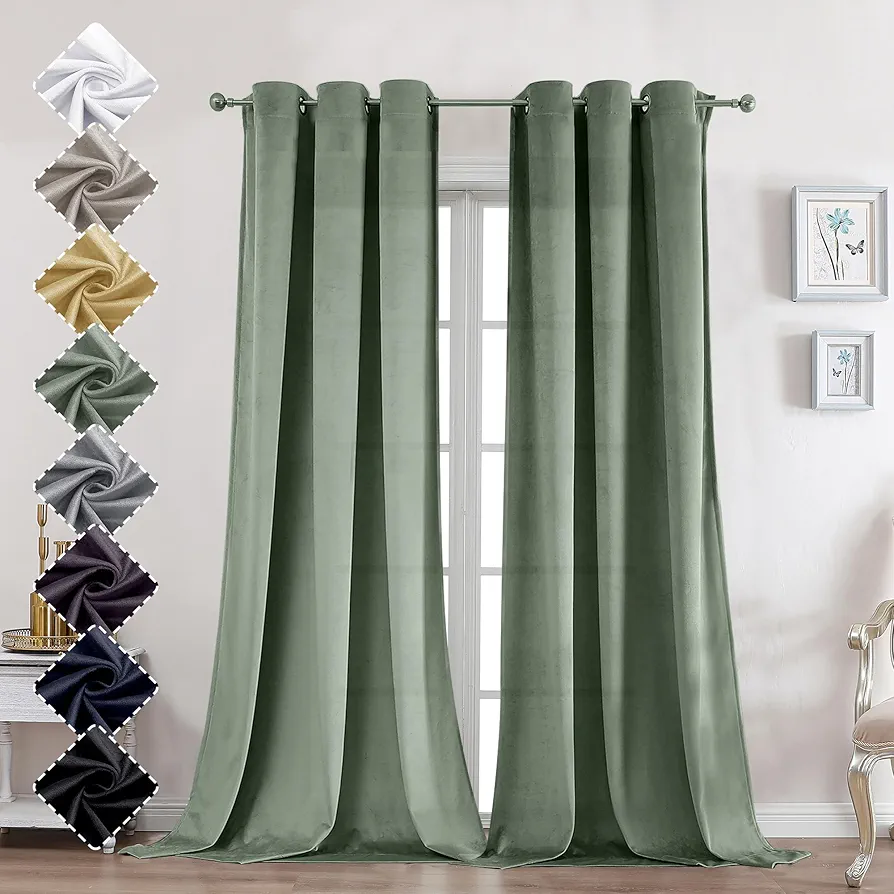 OVZME Ian Olive Green Velvet Curtains 84 inches Length 2 Panels - Luxury Room Darkening Curtains for Bedroom Living Room Thermal Insulated Super Soft Window Drapes, Grommets Top, W42 x L84