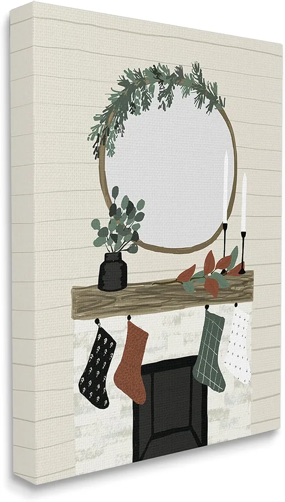 Stupell Industries Festive Room Interior Holiday Stocking Fireplace, Designed by Jess Bruggink Canvas Wall Art, 16 x 20, Beige