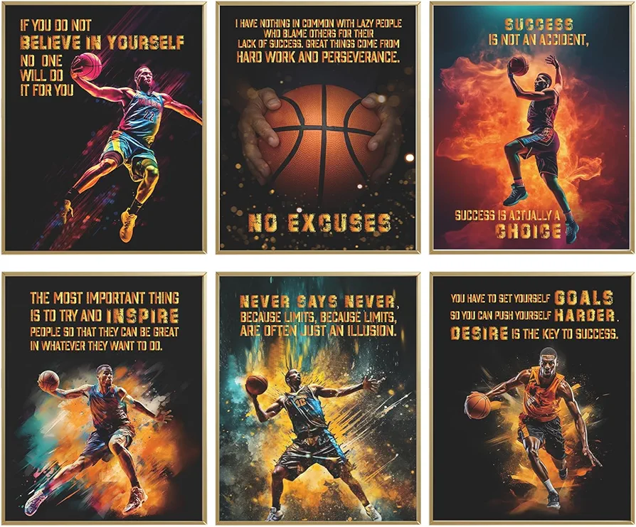 Motivational Quote Basketball Poster, Basketball Decor For Boys Men Room Bedroom, Inspirational Sports Poster, Gift For Basketball Fans, Men, And Teens Basketball Wall Art Print Set Of 6, 8x10 In