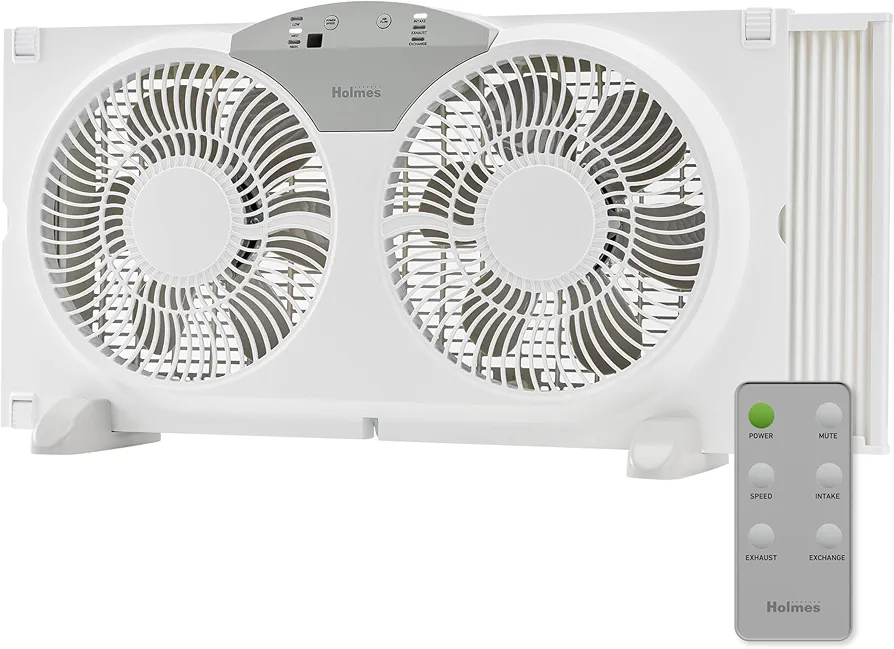 HOLMES 9" Twin Digital Window Fan, Reversible Airflow Blades, In/Out Exchange, 3 Speeds, Built-In Extender Panels, Ideal for Home, Bedroom or Office, Remote Control, White