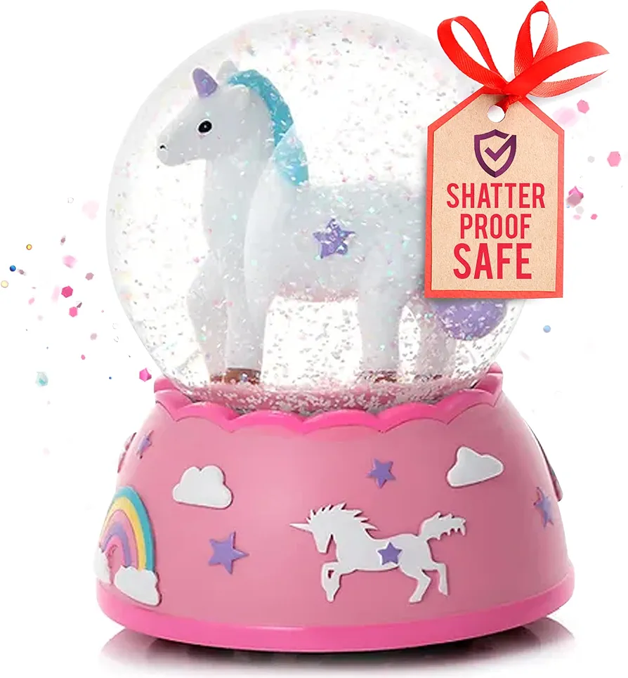 Unicorn Snow Globe for Girls - Handpainted Figurine with Musical Melody & Shatterproof Plastic Crystal Sphere, Sparkling Glitter Ornament, Shatterproof Snow Globe