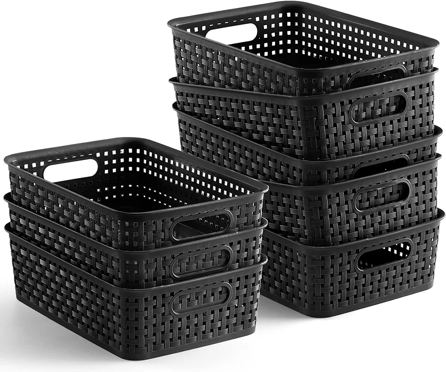 [ 8 Pack ] Plastic Storage Baskets - Small Pantry Organization and Storage Bins - Household Organizers for Laundry Room, Bathrooms, Kitchens, Cabinets, Countertops, Under Sink or On Shelves - Black