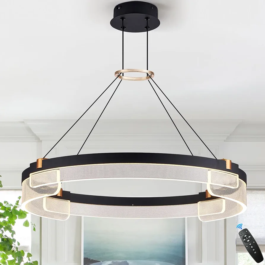 Modern LED Pendant Light, Dimmable Black LED Chandelier for Dining Room Light Fixture Over Table, 24 inch Modern Pendant Light Kitchen Island Dining Room Living Room Entryway, 3000K-6500K