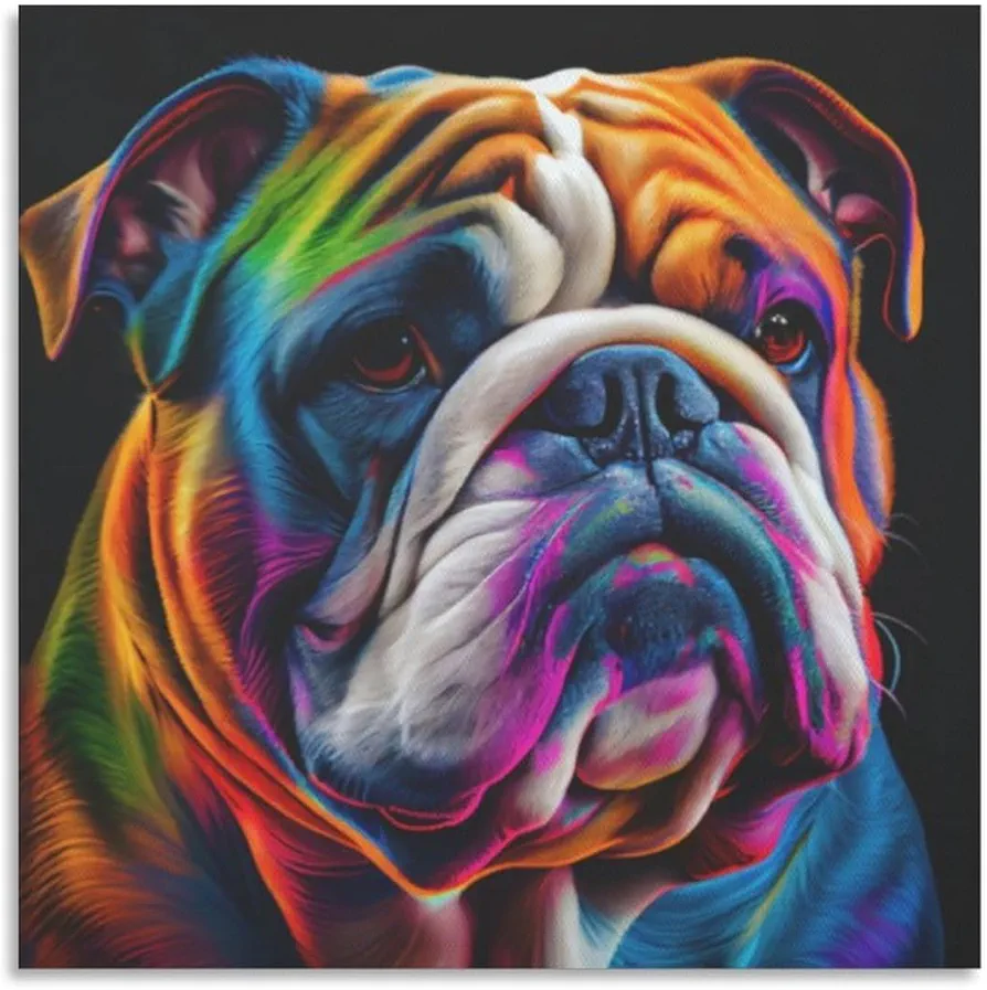 Animal Art Poster English Bulldog Painting on Canvas, Abstract Colorful Neon Dog Wall Art, English B Canvas Painting Posters And Prints Wall Art Pictures for Living Room Bedroom Decor 16x16inch(40x40