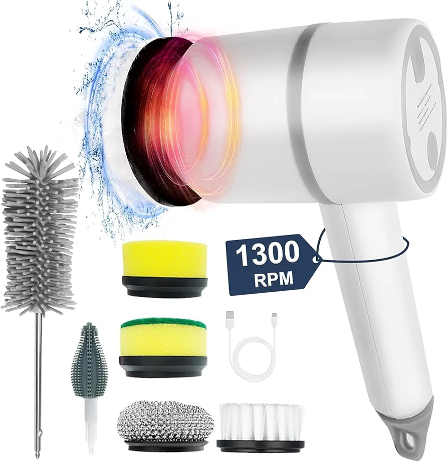 Electric Spin Scrubber, Cordless Electric Shower Cleaning Brush - Battery Powered, 1300RPM Powerful Handheld Spin Kitchens Scrubber for Dishes, Bathrooms, Grills, Scrub Wash, Ovens, Stoves