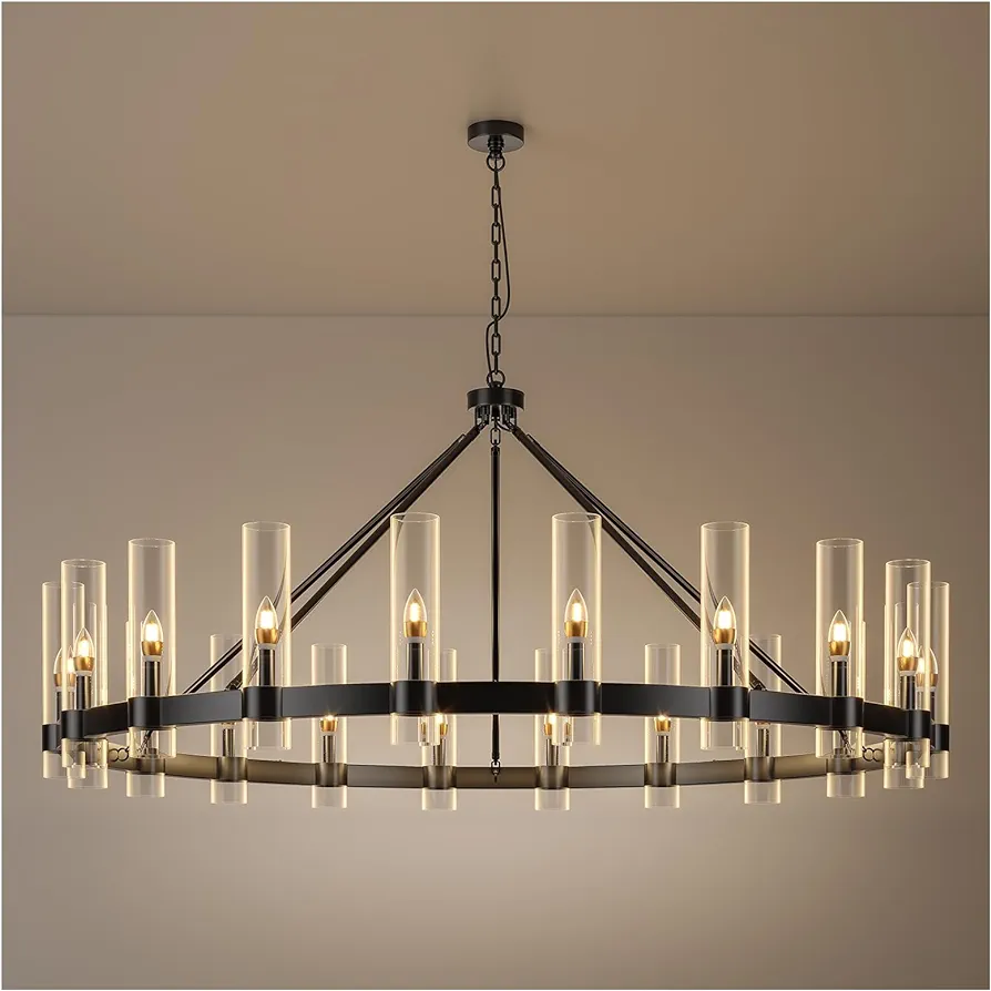 20-Lights Black Wagon Wheel Chandelier Modern Farmhouse with Glass Shade, 60 Inch Large Round Industrial High Ceilings Pendant Lighting Fixture for Dining Living Room, Kitchen Island, Foyer