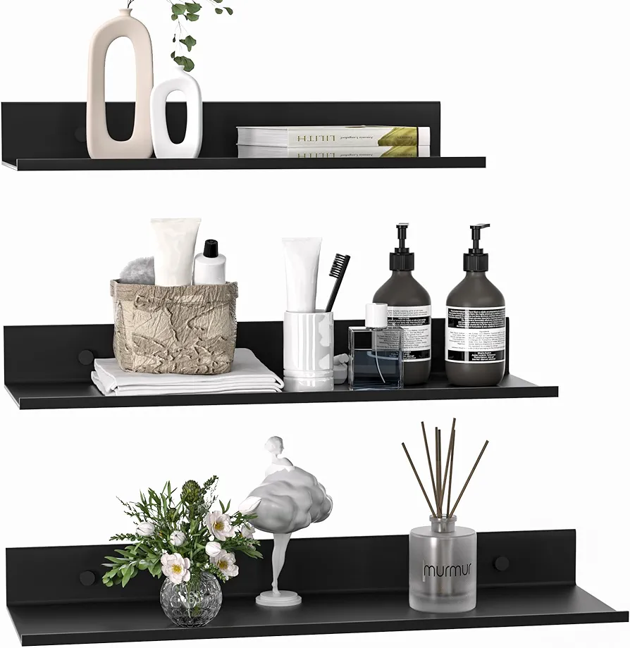 Floating Shelves for Wall Set of 3, Black Metal Wall Shelves for Bathroom 11.8/13.8/15.7 in, Modern Small Adhesive Shelf for Living Room, Bedroom, Office, Kitchen