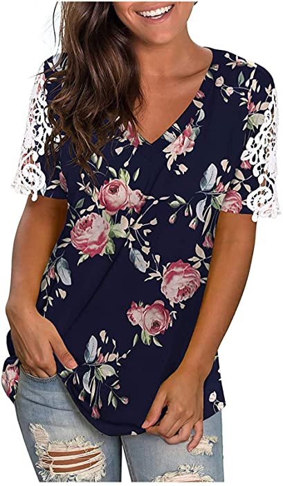 Summer Shirts for Women Cute Tops and Blouses Sunflower Print Tees Short Sleeve Tunic Crew Neck Going Out Tshirts J4 - Navy XX-Large