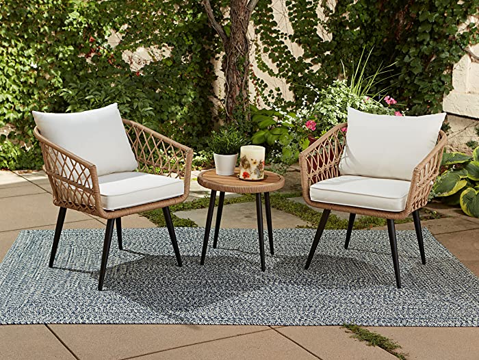 Quality Outdoor Living 65-YZ03HM Hermosa 3 Piece Chat Set, Aluminum Frame + Tan Wicker + Linen Cushions