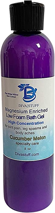 Magnesium Enriched Low Foam Bath Gel Soak for Aches and Pain with White Willow Bark Extract, Naturals Aspirin, Cucumber Melon Scent, 8oz by Diva Stuff