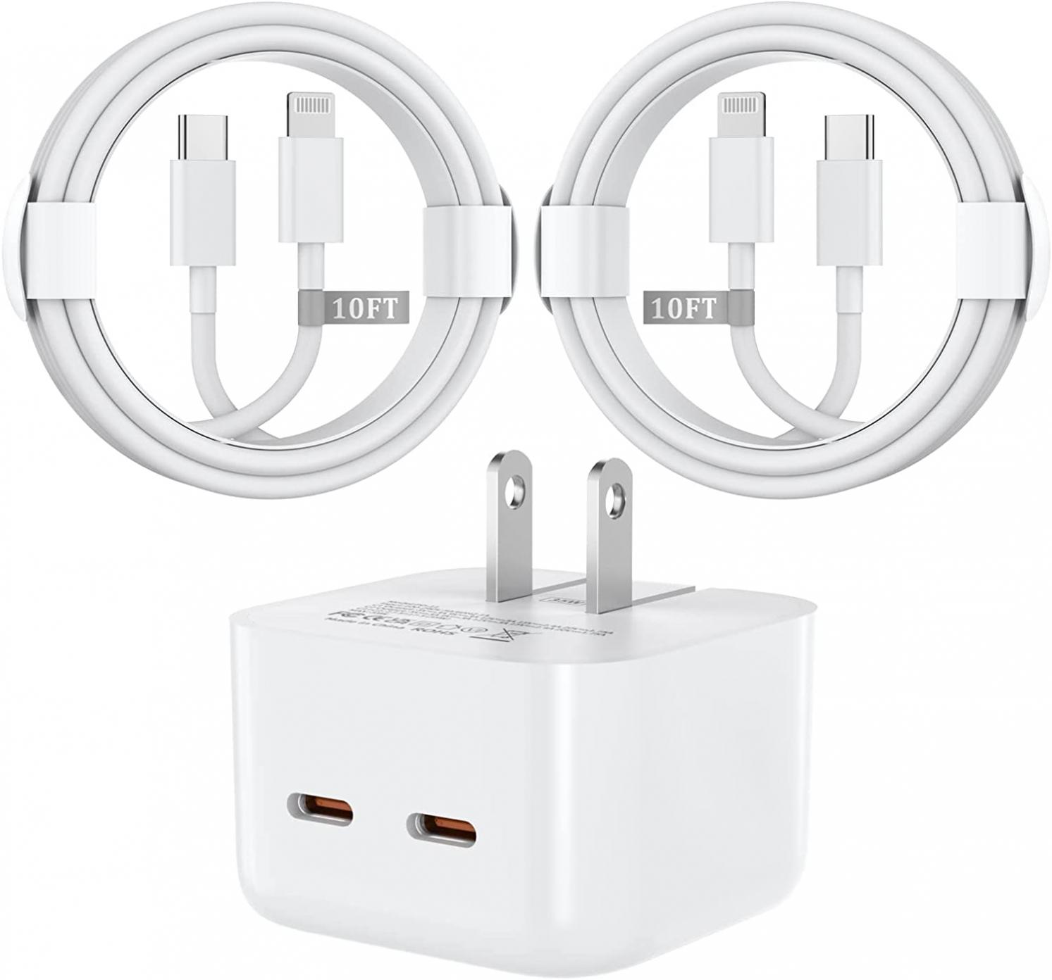 [Apple MFi Certified] iPhone Fast Charger, 35W Dual USB-C Wall Charger Foldable Portable Travel Plug with 2 Pack 10 FT Long Type C to Lightning Cable for iPhone 14 13 12 11 Pro Max XS XR X 8 iPad