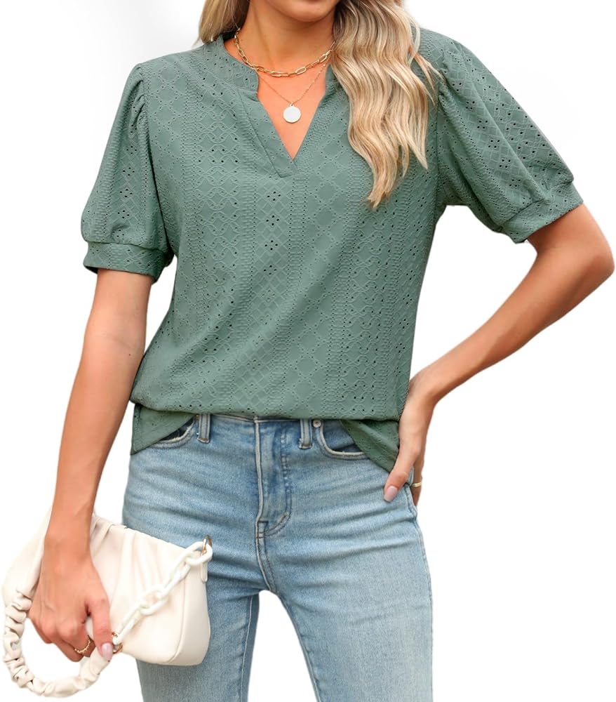 Womens Summer Tops, V Neck Ruffle Sleeve Blouses, Short Sleeve Casual Tops T-Shirts