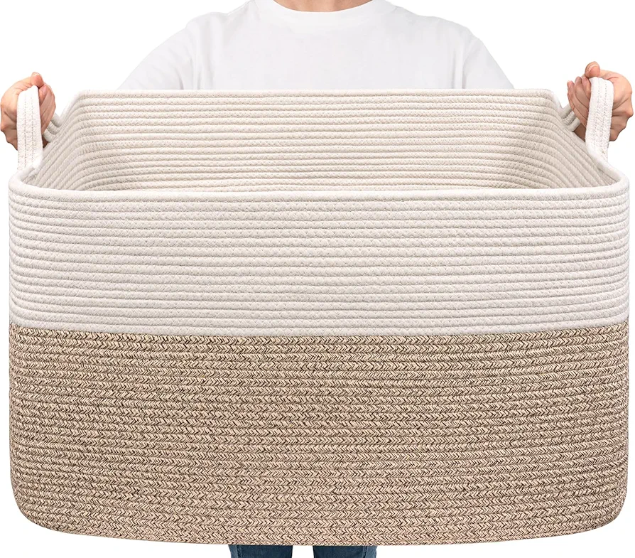 Goodpick Blanket Basket, Woven Baskets for Storage, Extra Large Storage Basket, Blanket Basket Living Room, Rectangle Cotton Rope Basket for Toys, Dirty Clothes, 23.6" x 15.7" x 13.8", 85L