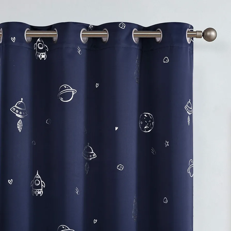 Vangao Navy Blue Blackout Curtains Space Theme Curtains for Boys Kids Nursery Girls Room Silver Foil Print Grommet Top Window Drapes 63 Inch Length 2 Panels for Bedroom Living Room