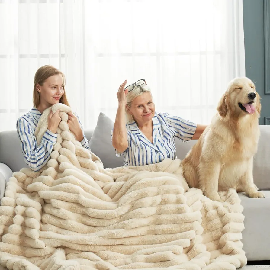 Cozy Bliss Faux Fur Throw Blanket for Couch, Cozy Warm Plush Striped Blanket for Sofa Bedroom Living Room,60 * 80 Inches Beige