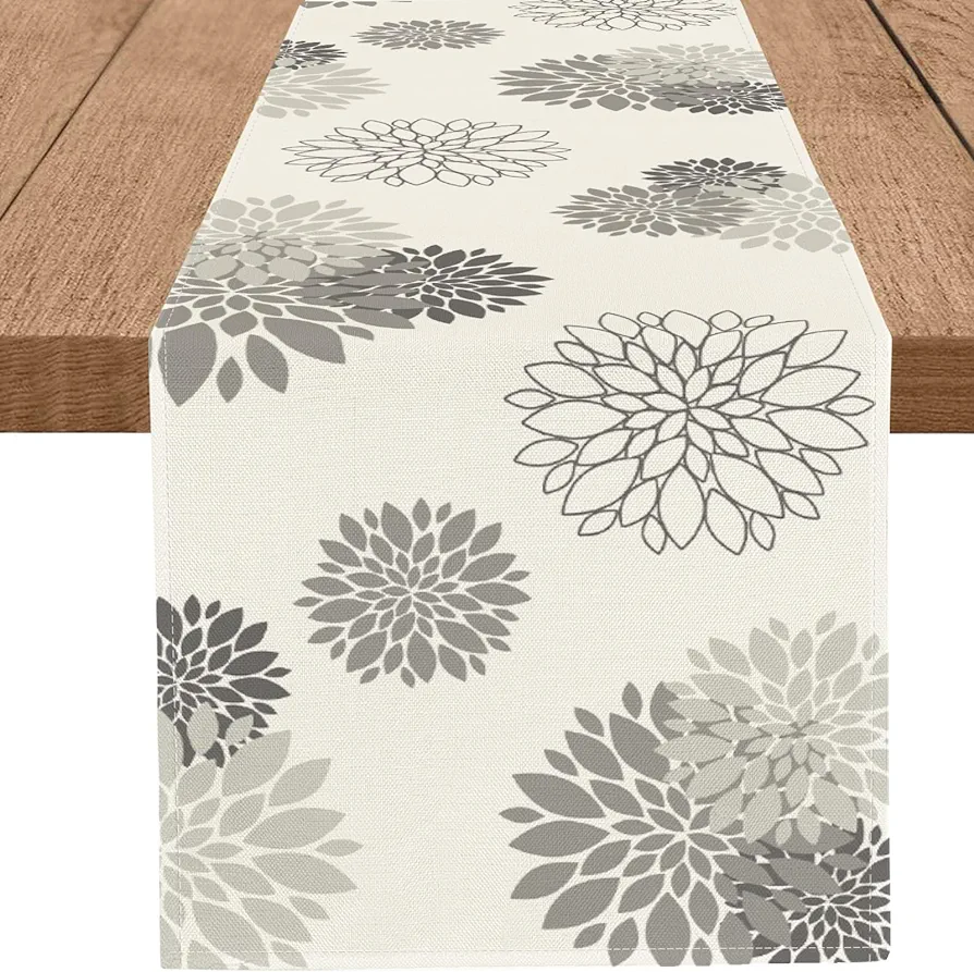 Gray Dahlia Table Runner Modern Elegant Flower Beige Table Runners Geometric Pompon Farmhouse Coffee Table Center Decor for Home Kitchen Dining Party Indoor Outdoor (13x36 Inch)