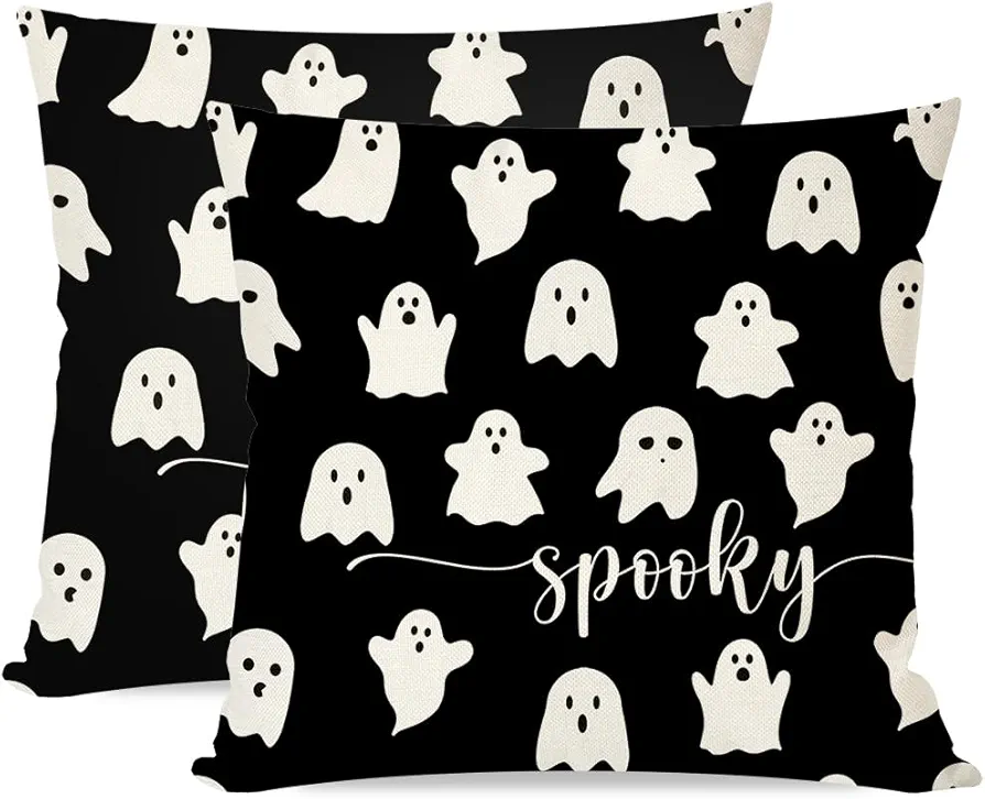 Cute Ghost Halloween Throw Pillow Covers 18x18 Set of 2 Spooky Black Halloween Indoor Outdoor Farmhouse Decorations Decorative Throw Pillows Cases for Home Living Room Bedroom Couch Decor