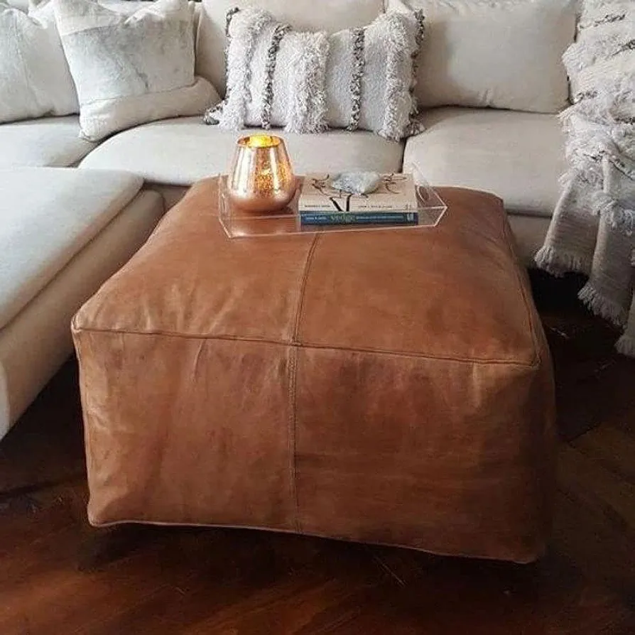 | Leather Square Pouf Ottoman Cover | Unstuffed Square Leather Pouf | Genuine Goat Skin Handmade Ottoman Pouf | Moroccan Decor Footrest & Living Room Decor| 18x18x14 Inches