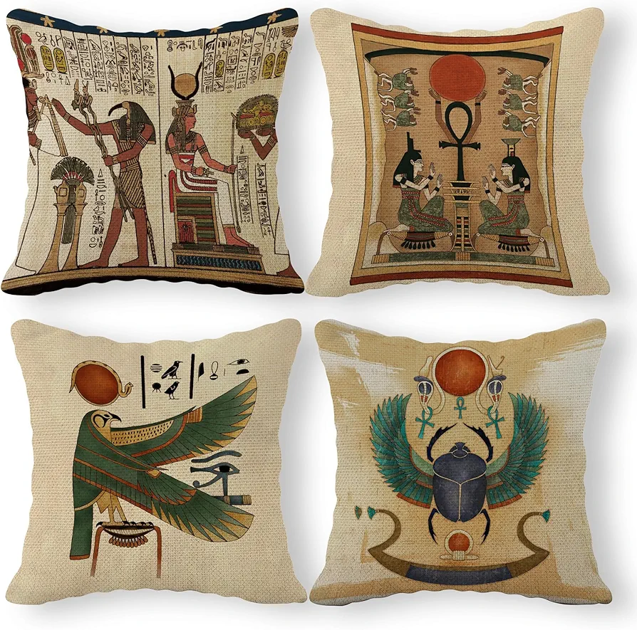 Ancient Egyptian Art Horus Falcon Sun God Ra Linen Throw Pillow Case, 18 x 18 Inch Set of 4, Egyptian Theme Room Decor,Gift for Egyptian Lovers, Egyptian Cushion Cover for Sofa Couch Bed