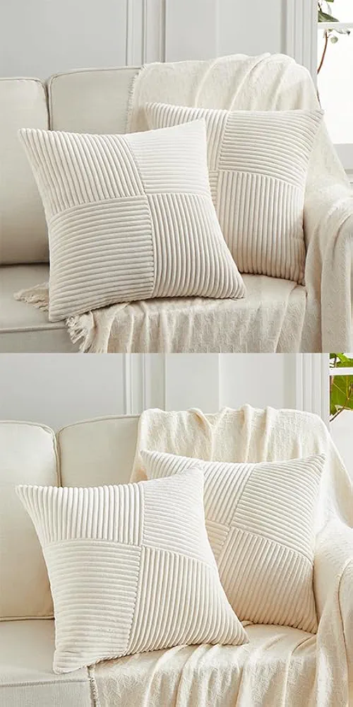 Fancy Homi 4 Packs Boho Cream Decorative Throw Pillow Covers 18x18 Inch for Living Room Couch Bed Sofa, Rustic Farmhouse Home Decor, Soft Corss Corduroy Patchwork Textured Square Cushion Case