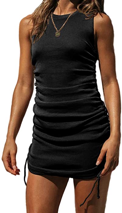 HZSONNE Women's Bodycon Mini Party Dress Sleeveless Ruched Tank Dress Drawstring Side Lace Up Sexy Dress