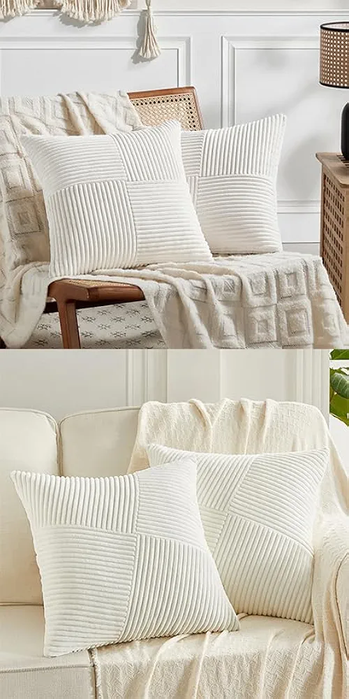 Fancy Homi 4 Packs Cream White Decorative Throw Pillow Covers 18x18 Inch for Living Room Couch Bed Sofa, Farmhouse Boho Home Decor, Soft Corss Corduroy Patchwork Textured Square Cushion Case 45x45 cm