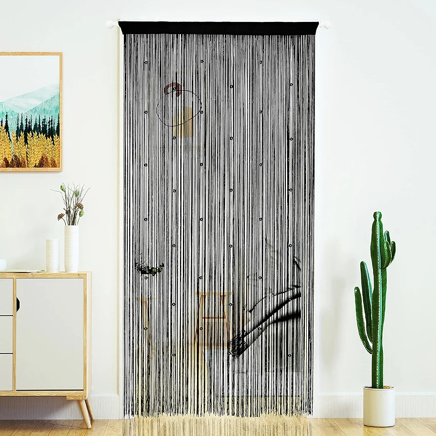 YaoYue Beaded Curtain Door String Curtains for Doorway Tassels Beads Hanging Fringe Hippie Room Divider Window Hallway Entrance Wall Closet Bedroom Privacy Decor (39×79in/100×200cm, Black)